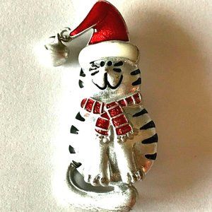 Vtg Santa Christmas Cat Brooch Pin Red Hat Scarf Bell Kitty Silver Plated Enamel
